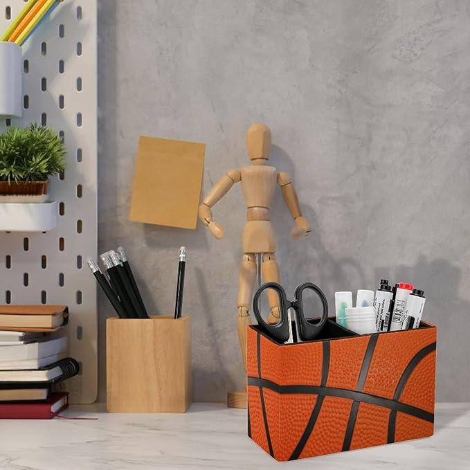 Pen Holder, Pencil Holder for Desk Organizer, Sport Ball Basketball PU Leather Pencil Cups Desktop Stationery Storage Makeup Brush Holder Pen Organizer for Office Home