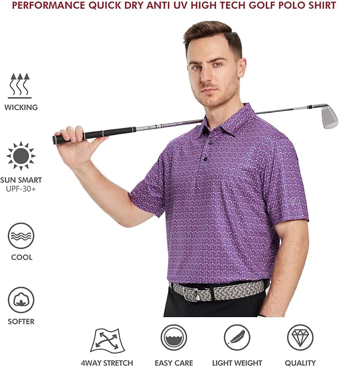 Golf Shirts for Men Dry Fit Short Sleeve Print Performance Moisture Wicking Polo Shirt