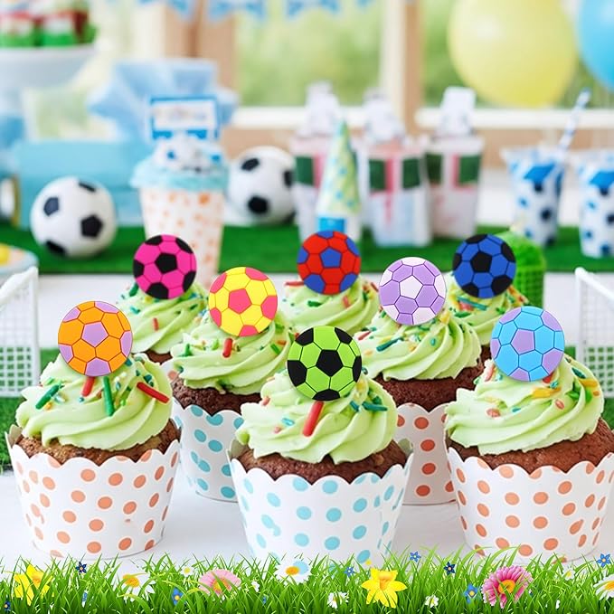 Honeydak 48 Pcs Soccer Sport Cupcake Rings Toppers Decoration Sport Ball Theme Cupcake Picks Cake Decoration for Baby Shower Birthday Party Cake Supplies