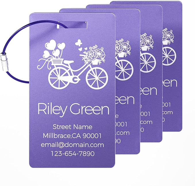 4 Personalized Metal Luggage Tags for Suitcase, Laser Engraved with Text and Logo, Custom Aluminum Name Tags with Stainless Steel Ring, for Travel, Golf Bag, and Baggage (Purple)