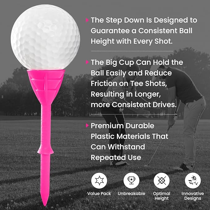 Golf Tees Plastic 3 1/4 inch Unbreakable 30 Pack with Pouch Bag, Durable Stable Available 83 mm Long Tee for Golfer Practice
