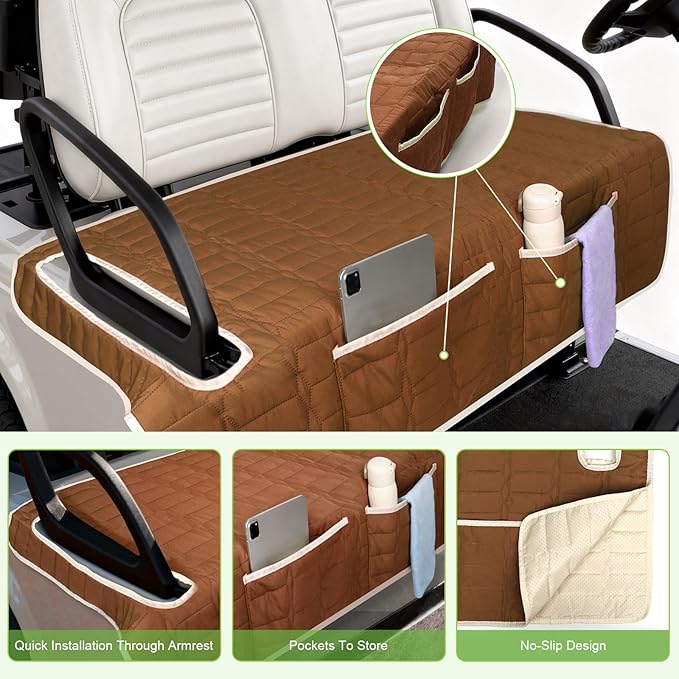 Golf Cart Seat Cover, Universal Bench Seat Cover with Storage Pockets, Non-Slip Seat Protector for Golf Cart, Fits EZGO Club Car Yamaha, Easy Install