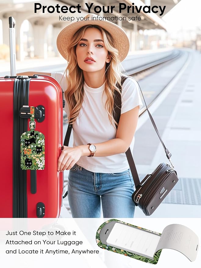 Luggage Tags Built-in Anti-Loss Tracker, Luxury Leather Luggage Tags for Suitcase, Travel Bags, Backpacks, Travel Organizer for Lost Baggage Prevention (Prairie Cat)