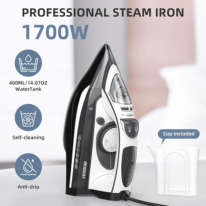 Steam Iron for Clothes 20s Fast Heat-up,1700W Iron with 14.07oz Large Water Tank,Non-Stick Ceramic Soleplate, Anti-Drip, Auto-Off, Burst Steam, Self-Cleaning, Ironing Clothes for Home, Grey