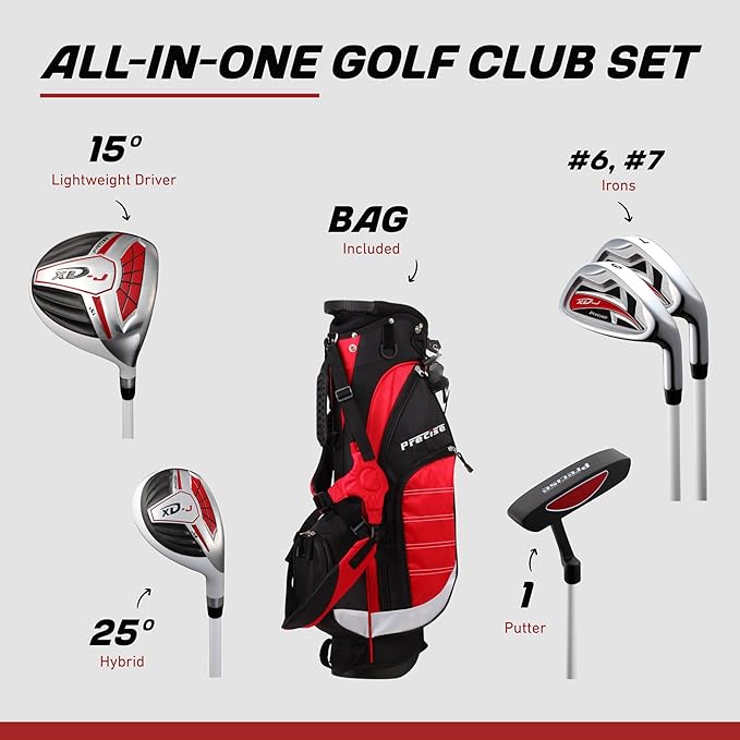 Precise XD-J Kids Golf Clubs Set – Boys’ & Girls’ Junior Golf Set with Lightweight Graphite Shafts, Hybrid, Putter & Stand Bag