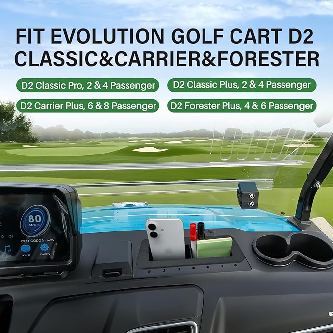 Golf Cart Phone Holder & Storage Tray for Evolution D2 Classic, Carrier & Forester, Large Capacity Storage Basket with Drain Hole, Evolution Golf Cart Accessories, Black