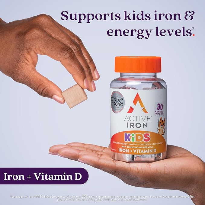 Active Iron Supplement 7mg + Vitamin D for Kids – Increases Iron & Energy Levels – Gentle, Non-Constipating Blackcurrant Chews – Highly Absorbed – Supports Growth & Immune Health – 30 Chews