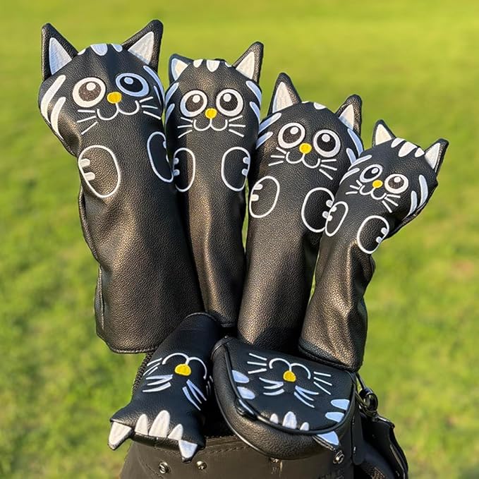 Golf Kitty Head Cover Golf Club White Leather Headcovers 1pc/4pcs Set Fits Driver Fairway Wood Hybrid Utility Putter Iron Wedge Headcover.