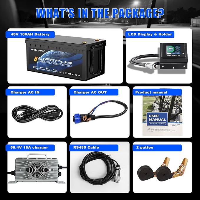48V 100Ah Lithium Golf Cart Battery, Lifepo4 Battery with 58.4V 18A Charger and LCD Touch Monitor, Built-in Smart 200A BMS, Peak Current 1000A，Perfect for Golf Carts (48V100Ah with Charger)