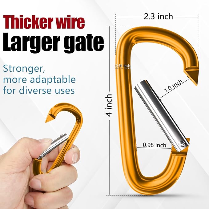 sprookber 4" & 5" Extra Large Aluminum Carabiner D Ring, Caribeener Clips, Spring Snap Hook for Keychain Clip, Set of 4