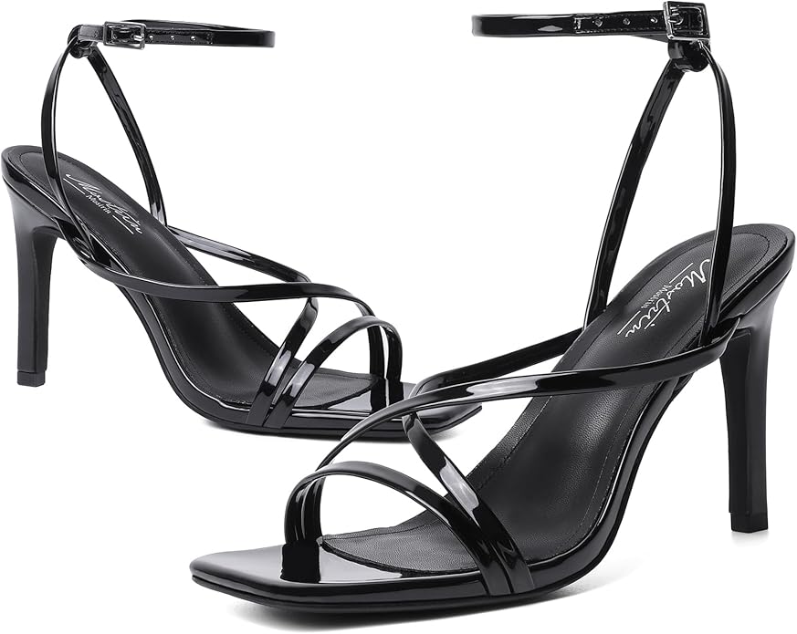 Mostrin Strappy Heels for Women Square Open Toe Lace Up Heeled Sandals Ankle Strap Sexy Stiletto High Heels for Party, Prom, Dating, Wedding