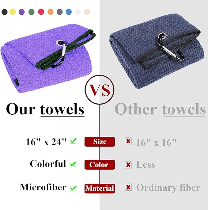 VIVIDLY 2 Pack Tri-fold Golf Towels, Premium Microfiber Fabric Waffle Pattern with Black Heavy Duty Carabiner Clip, Purple Golf Towels for Golf Bags for Men (Purple)