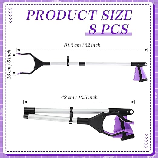 Ctosree 8 Pack 32" Trash Grabber Reacher Tool for Elderly, Foldable Litter Picker Upper, Lightweight Trash Pick up Stick, Long Handy Mobility Aids for Home Garden Arm Extension(Purple)
