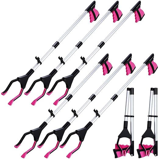 Ctosree 8 Pack 32" Trash Grabber Reacher Tool for Elderly, Foldable Litter Picker Upper, Lightweight Trash Pick up Stick, Long Handy Mobility Aids for Home Garden Arm Extension(Pink)
