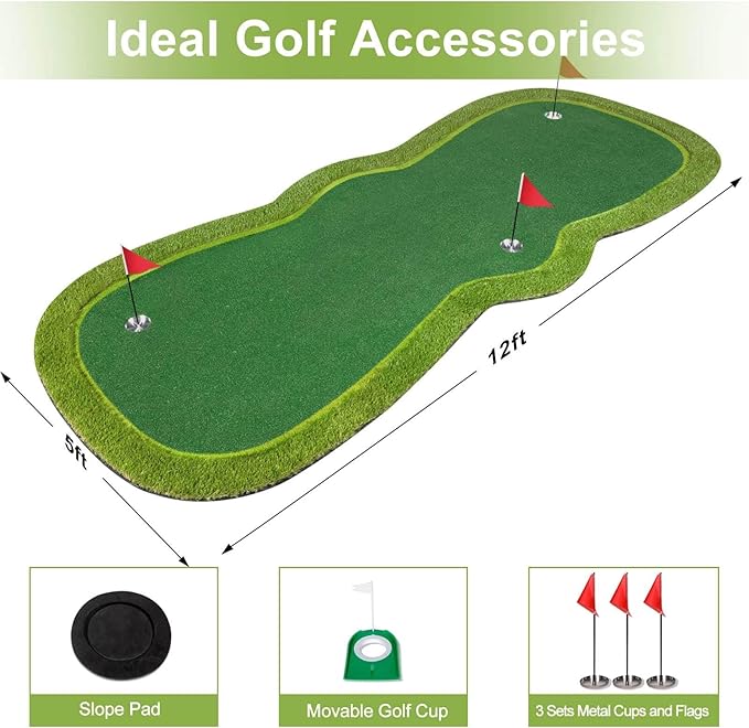 Golf Putting Green Mat, Professional Large Putting Mat with Movable Cup/Slope Pad for Indoor & Outdoor