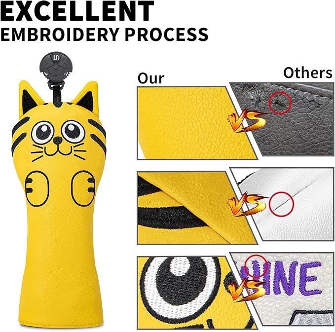 Golf Kitty Head Cover Golf Club White Leather Headcovers 1pc/4pcs Set Fits Driver Fairway Wood Hybrid Utility Putter Iron Wedge Headcover.