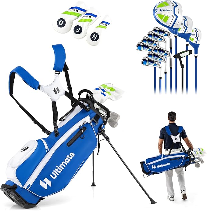 ULTIMATE 12 Pieces Men's Complete Golf Clubs Set w/Golf Stand Bag, 460cc #1 Driver, #3 Fairway, #5 Hybrid, #5#6#7#8#9#P#S Irons, Putter, Full Right-Handed Golf Set for Men