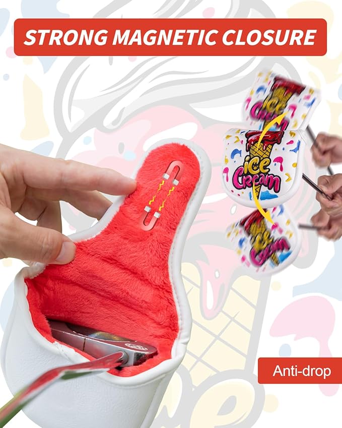 Golf Club Head Covers, Ice Cream Golf Headcovers for Drivers, Fairway Woods, Hybrids, Mallet Blade Putter Cover, Funny Golf Club Covers with Premium PU Leather and Advanced Embroidery for Most Brands
