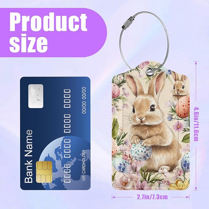 3 Pack Easter Bunny Eggs Luggage Tags for Suitcase Flowers PU Leather Travel Luggage Tag Privacy Cover ID Label for Women Men Baggage Backpack Handbag School Bag