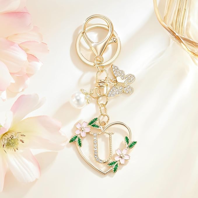 Gold Heart Initial Letter Keychain for Women Key chain Keyring for Purse Handbags Backpack Charm