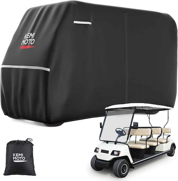 KEMIMOTO 600D Waterproof Golf Cart Cover, Universal Heavy Duty Large 6-Seater Golf Cart Rain Cover with Storage Bag Compatible with EZGO Club Car 6/4+2 Passenger, Black