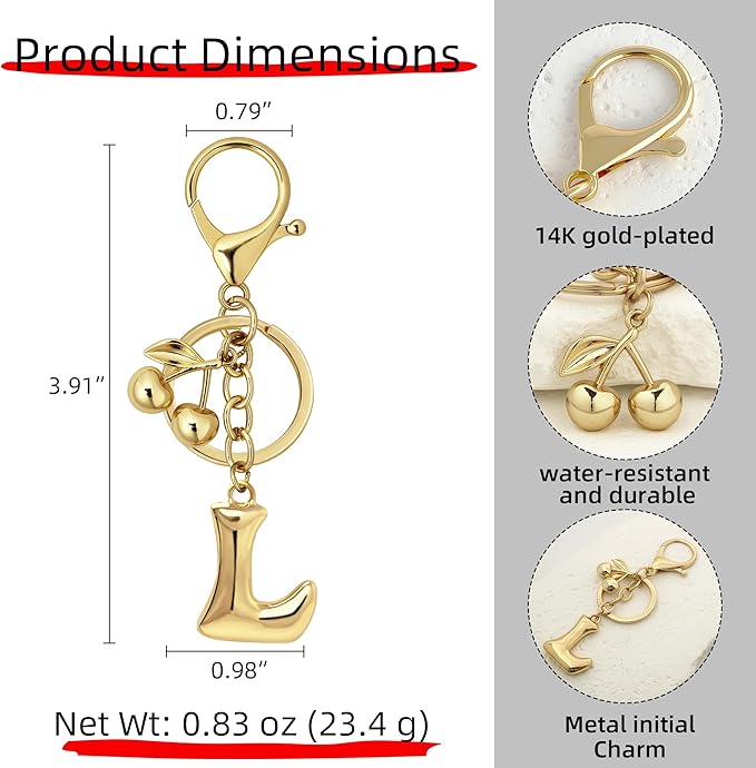 Gold Bubble Heart, Cherry, Bow & More Designs Letter Initial Keychain Bag Charms – Cute Purse Charms for Handbags