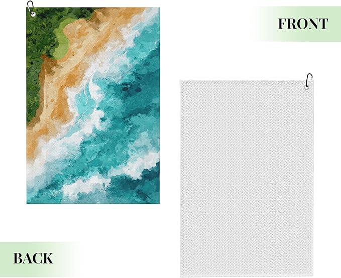 Funny Golf Towel with Carabiner Clip 24"x16" Ocean Beach Golf Towels for Golf Bags Microfiber Waffle Teal Golfs Rag for Disc Balls Clubs Golfs Accessories for Women Mom Dad