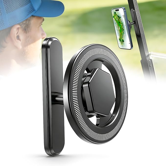 Magnetic Golf Cart Phone Holder (Premium Aluminum Alloy), 360° Rotation Golf Accessories, Compatible with iPhone & Android, Fits EZGO, Club Car, Yamaha, for Golfers, Men & Women