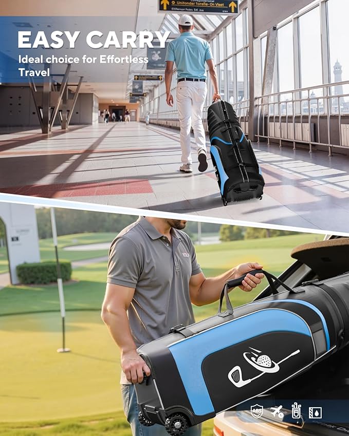 M KARMATER Golf Travel Bags for Airlines with Wheels - Foldable Hard Case with ABS Top and 1680D Heavy Duty Oxford, Full Padding Protection, 3 Storage Compartments for Golf Clubs and Accessories
