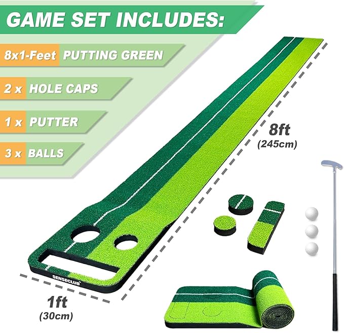 Indoor Putting Green Game, Foldable Putting Mat Golf Game Set, Golf Gifts for Men - 1x8 Ft
