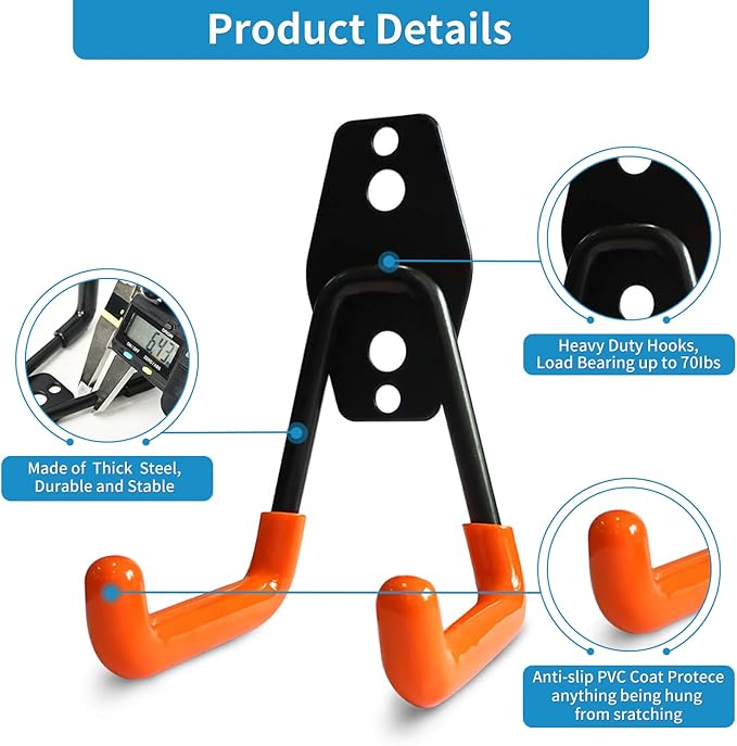 2 Pack Garage Storage Utility Hooks，Garage Garden Tool Organizer，Steel Wall Mount Hooks, Garden Small U Hooks (Orange)