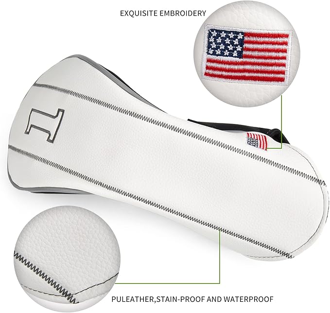 Golf Club Head Covers - Driver, Fairway #3#5, Hybrid Headgear - USA Flag Design - PU Leather - 3 Piece Set for Men and Women