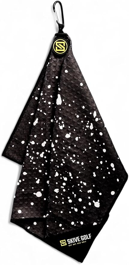 Premium Magnetic Golf Towel | Super Strong Magnet | Absorbent Microfiber Waffle Design | Built-in Silicone Brush | Golf Towels for Golf Bags (Black w/White Drip)