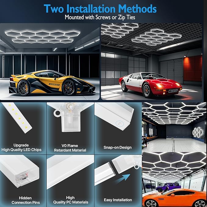 31Lights LED Hexagon Honeycomb Lights,7-Hex Honeycomb Lights 48800Lumens Hexagon DIY Super Bright Car Detailing Ceiling 488W LED Shop Light for Warehouse Workshop Gym Basement