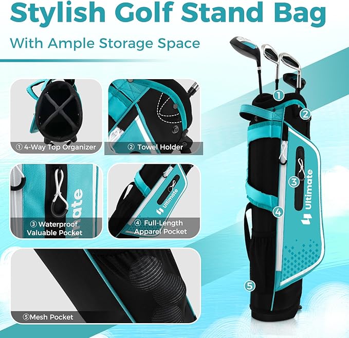 Goplus Junior Complete Golf Club Set for Kids, Right Hand Golf Clubs with Stand Bag, Rain Hood, Golf Practice Set for Ages 5-7,8-10,11-13 Boys Girls