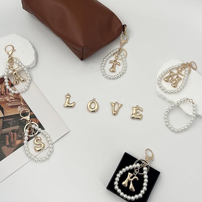 Gold Bubble Heart, Cherry, Bow & More Designs Letter Initial Keychain Bag Charms – Cute Purse Charms for Handbags
