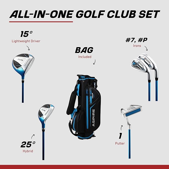 Aspire X-Lite Super Performance Junior Golf Club Set - Right-Handed Kids Golf Set with Driver, Hybrid, 7 Iron, Putter, Stand Bag & Headcovers