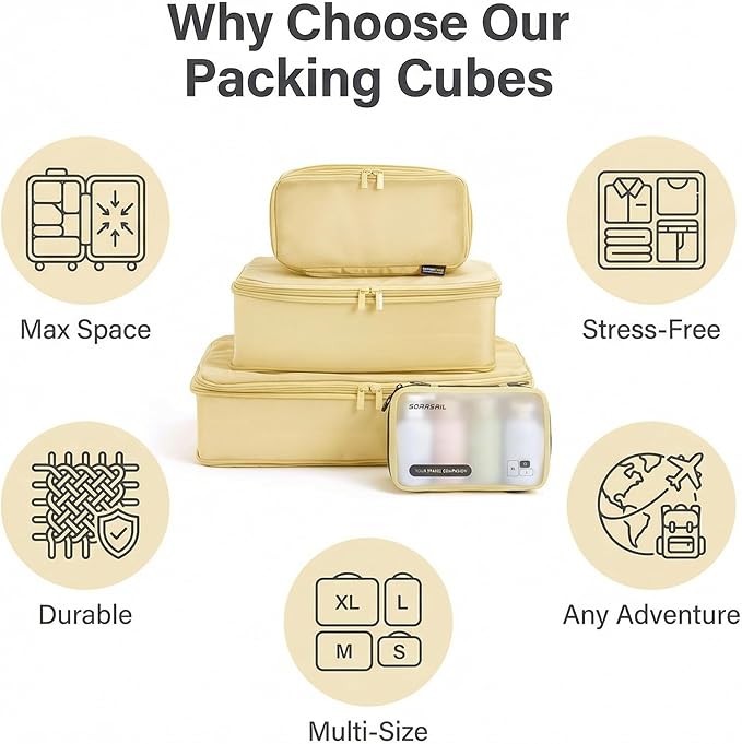6 Set Compression Packing Cubes for Travel, Large Medium Small Luggage Organizers, Storage Bags for Clothes and Essentials (6 Pack, Bright Yellow)