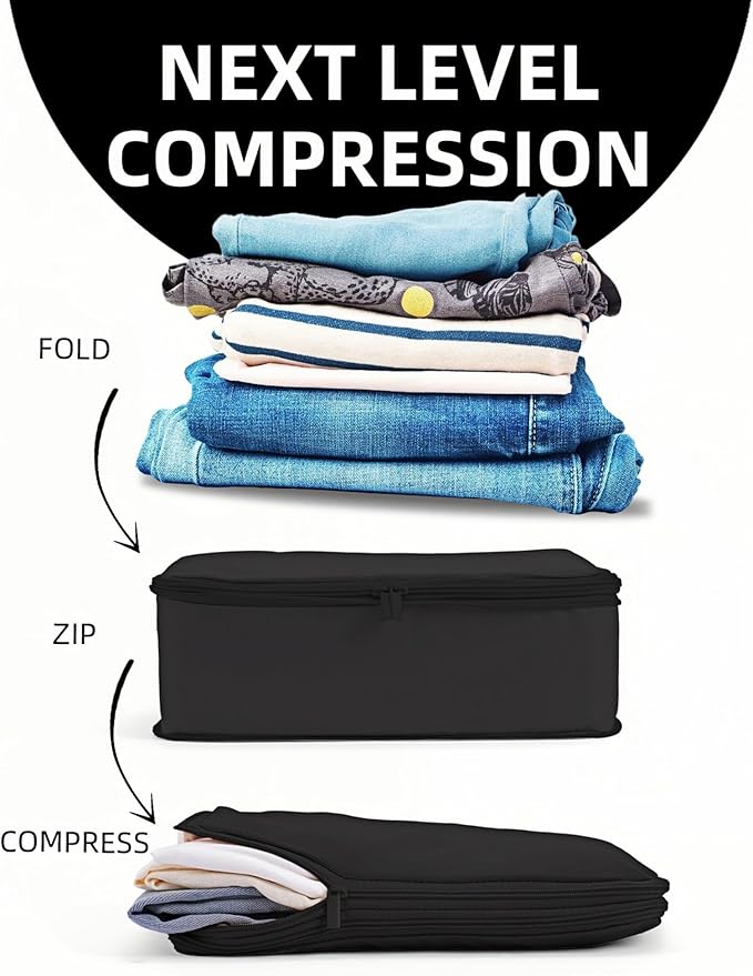 6 Set Compression Packing Cubes for Travel, Large Medium Small Luggage Organizers, Storage Bags for Clothes and Essentials (6 Pack, Jet Black)