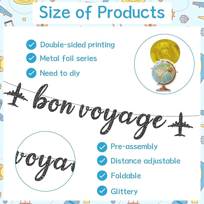 Bon Voyage Party Decorations - 13PCS Travel Themed Party Decorations Glitter Bon Voyage Banner Hanging Swirls Let the Adventure Begin Honeycomb Centerpieces Decor Going Away Party Supplies