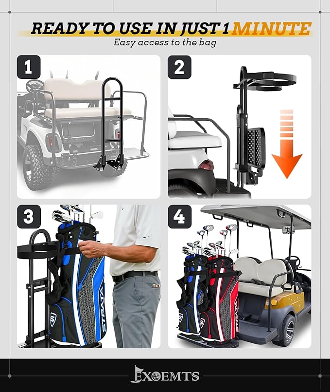 Universal Foldable Golf Cart Rear Seat Bag Holder, Upgraded Golf Cart Rear Seat Bag Rack Fits 8-Inch Max Width Safety Grip Bar, for EZGO Club Car Yamaha, Preinstalled, Space-Saving, No-Drill