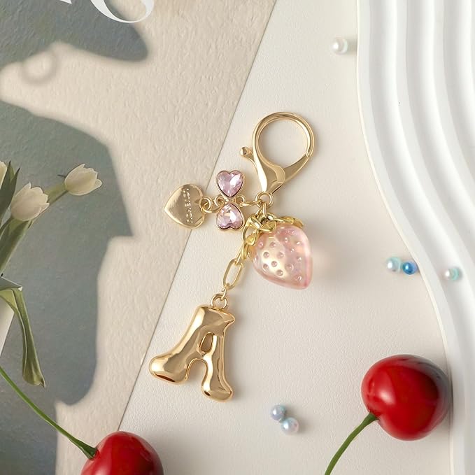 Snycler Bubble Initial Keychain with Strawberry & Bow- Gold Letter Bag Charms for Women, Cute Purse Handbag Accessories