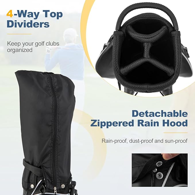 ULTIMATE Golf Stand Bag with 4-Way Top Dividers, Portable Ergonomic Golf Bag with 4 Zippered Pockets, Cooler Bag, Rain Hood and Dual Strap System, 3.5 LBS Lightweight for Men&Women