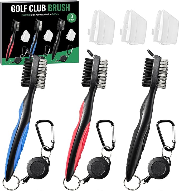 Golf Club Brush and Club Groove Cleaner with Retractable Zip-line and Aluminum Carabiner Cleaning Tools