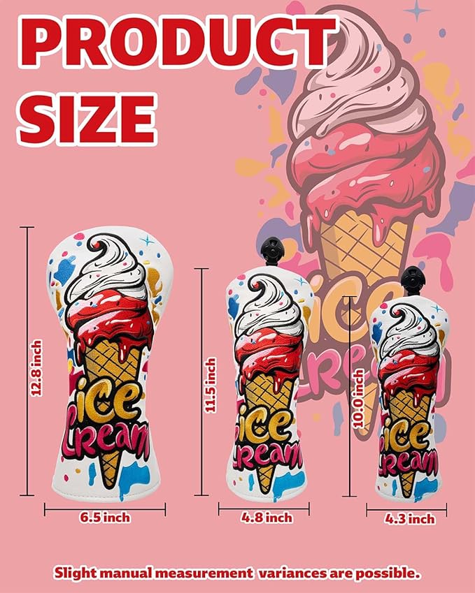 Golf Club Head Covers, Ice Cream Golf Headcovers for Drivers, Fairway Woods, Hybrids, Mallet Blade Putter Cover, Funny Golf Club Covers with Premium PU Leather and Advanced Embroidery for Most Brands