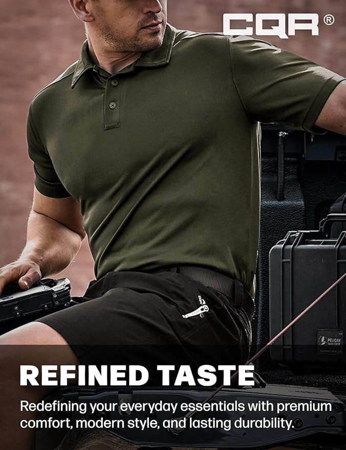CQR Men's Polo Shirts, Tactical Short Sleeve Golf Performance Shirts, Lightweight Dry Fit UPF 50+ Pique