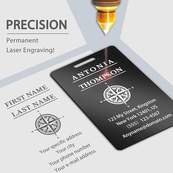 Custom Stainless Steel Luggage Tags (2 Pack) - Personalized Laser Engraved Luggage Tag, Waterproof Durable, for Bags, Backpack Travel, Suitcases (Black)