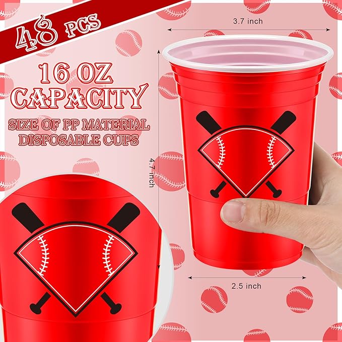 Norme 48 Pcs Baseball Party Supplies Bulk 16 oz Baseball Party Thick Plastic Disposable Cup Hot Cold Drink Wine Coffee for Home Holiday Party Supplies Favors