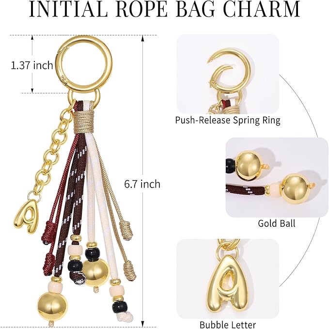 KissYan Christmas Initial Bag Charm for Women, Colorful Rope Purse Keychain With Puffy Letter, Handbag Charm for Backpack