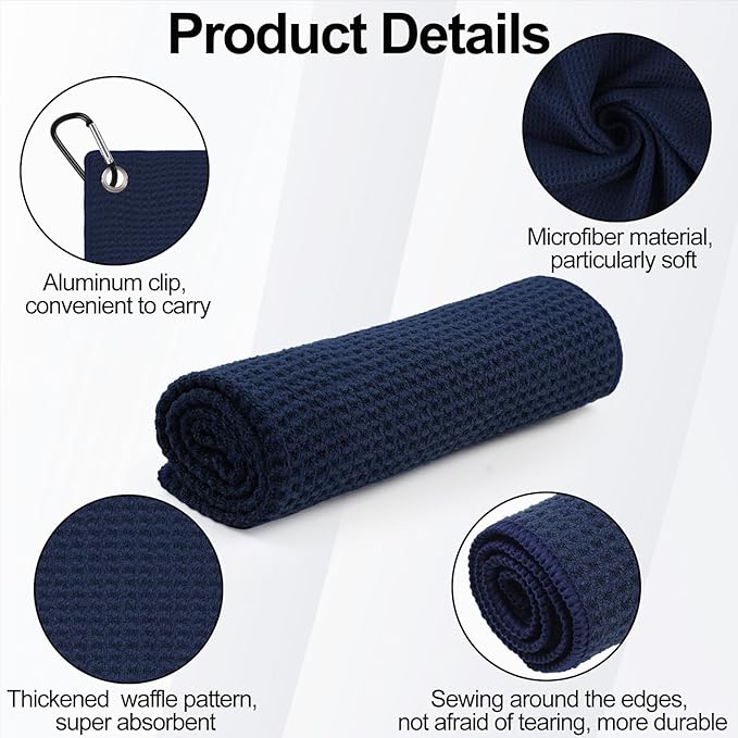 3 Pack 16" X 16" Golf Towels for Golf Bags for Men, Premium Waffle-Pattern Golf Towel with Carabiner Clip, Super Absorbent Microfiber Towel, Golf Accessories for Men, 3 Dark-Gray Colors